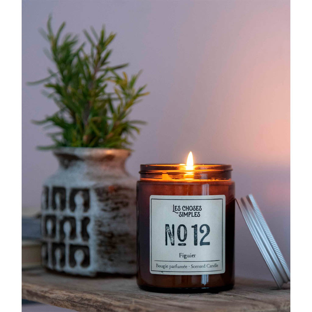 Hand poured French candle in Figuier with flame on wooden shelf with plant