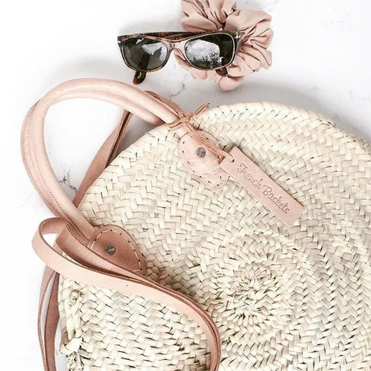 Leather Double Handle Round Straw Bag