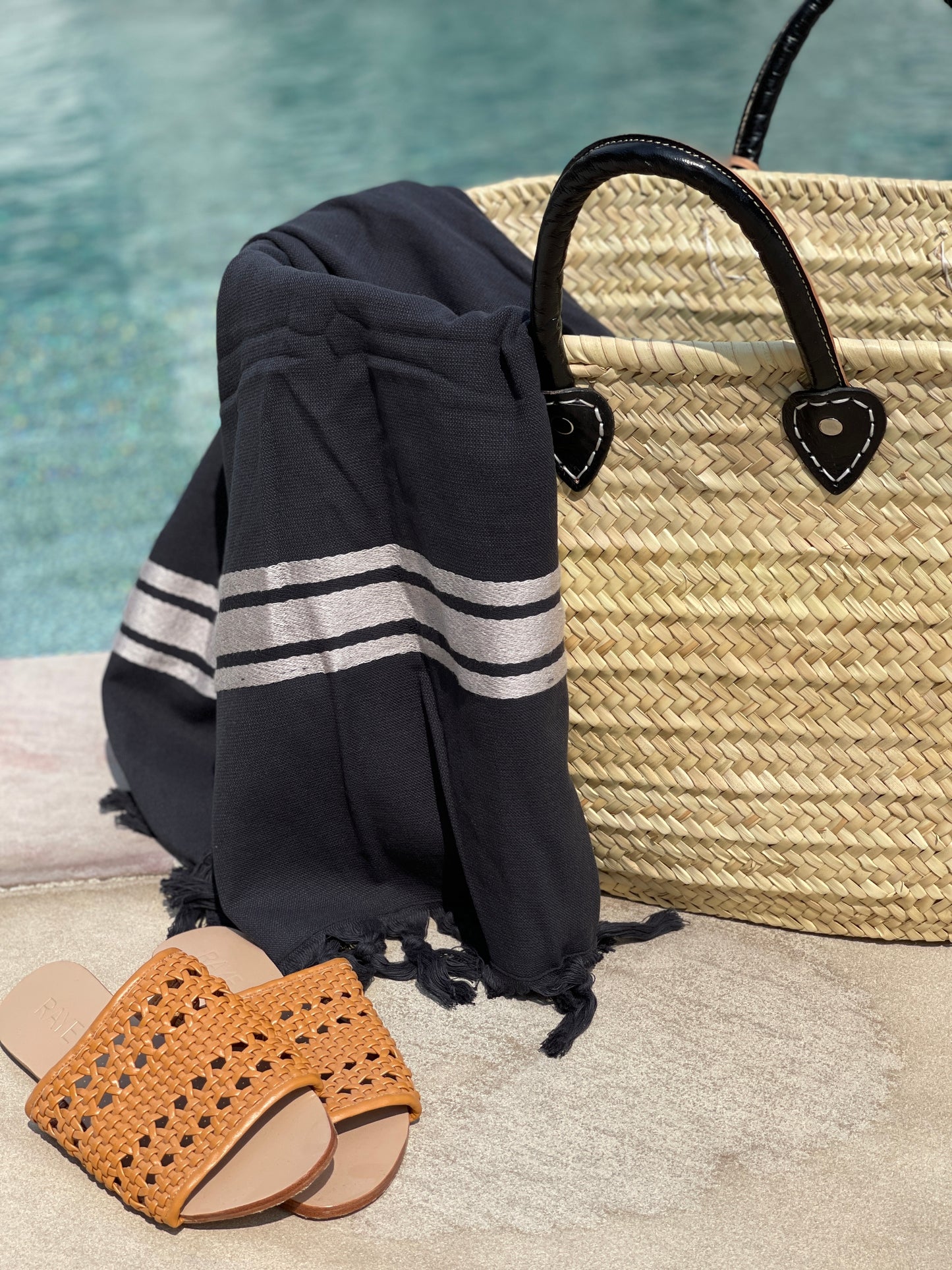 French straw beach basket with black towel and sandals beside pool