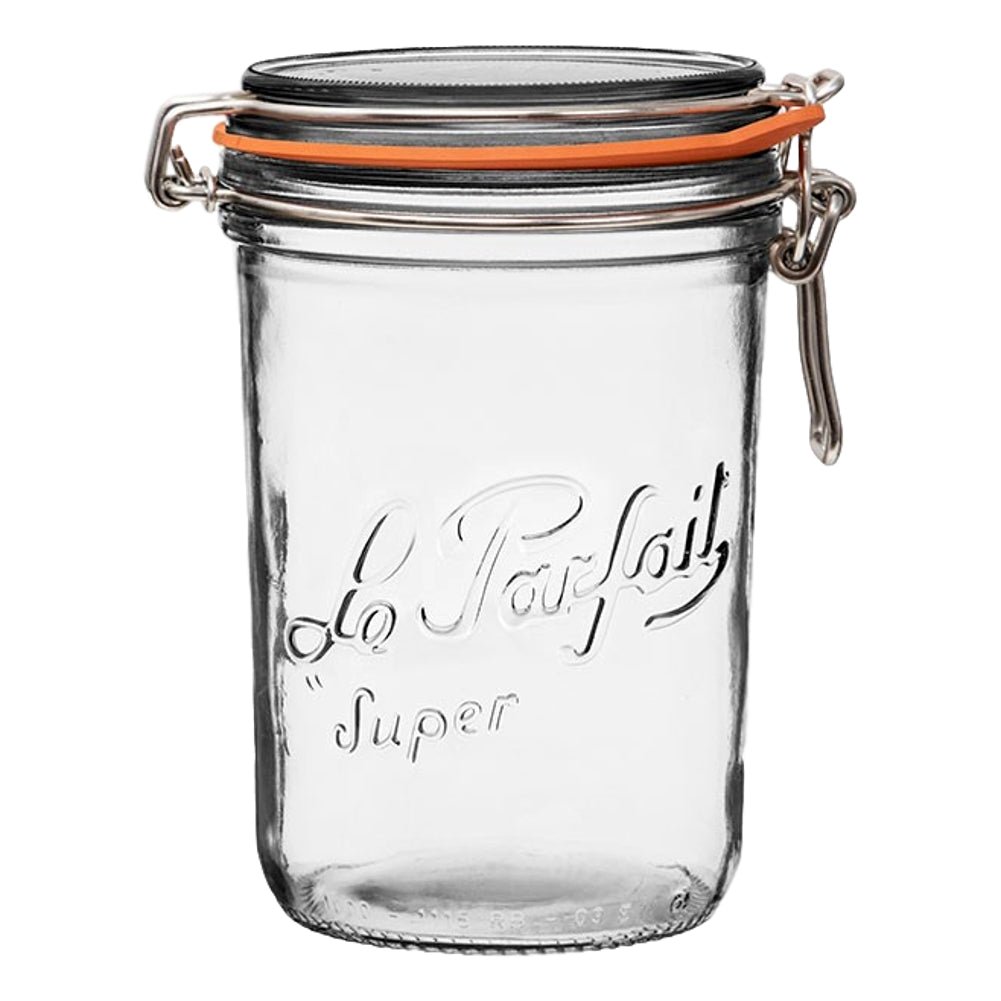 1L glass Le Parfait jar on white background